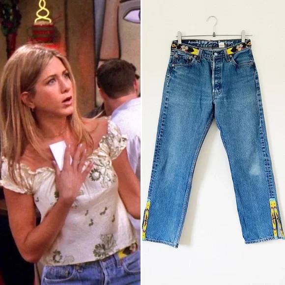 Exceptionally Rare 90s Vintage Upcycled Beaded Jeans ASO Rachel Green in Friends - Picture 2 of 15